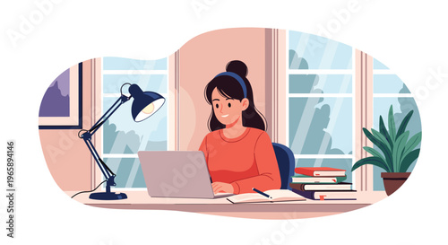 Young woman with black hair sitting at a desk while working on a laptop at home with a lamp and books near a window in a cozy domestic environment.