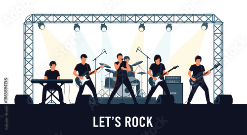 Silhouettes of a rock band performing live on a concert stage with spotlights, lighting rigs, instruments, and the text let is rock on dark background.