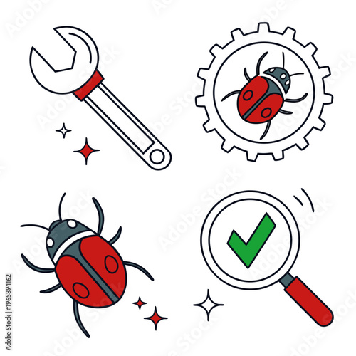 Debug fix software error problem find service tools for development, debugging computer program bug with wrench and magnifying glass to repair