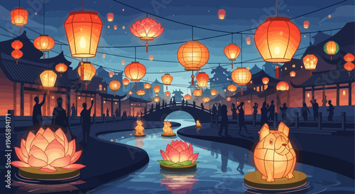 Glowing Lanterns Floating on Water.