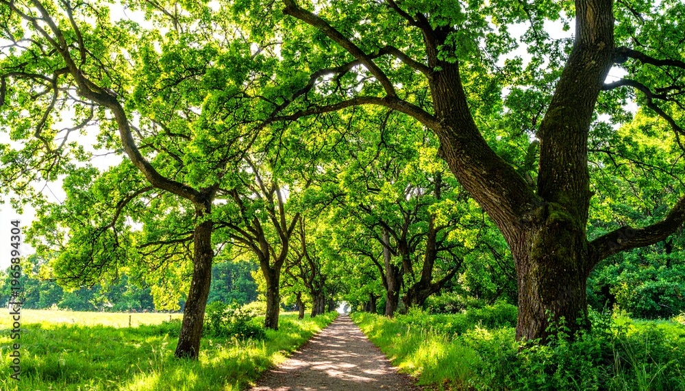 Fototapeta premium Scenic Forest Path with Sunlit Canopy