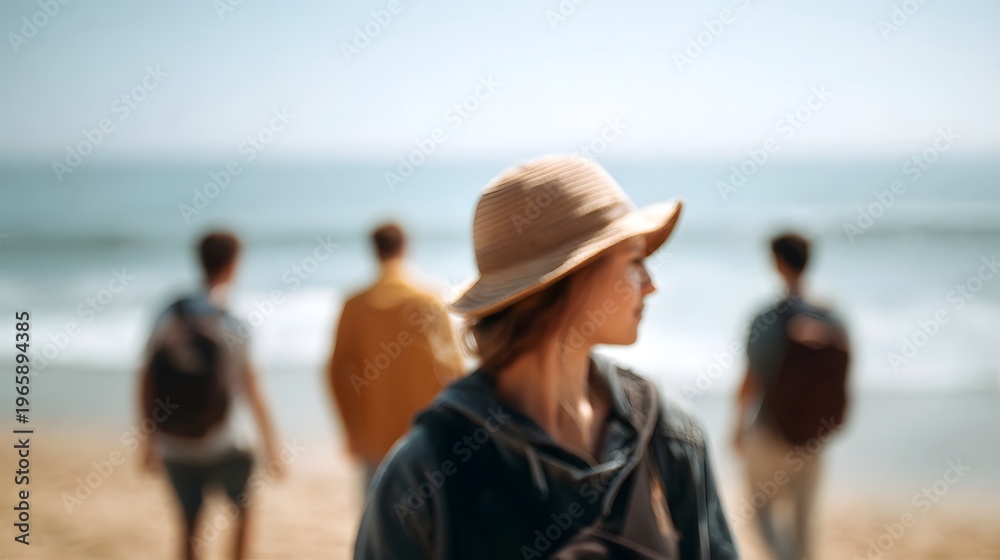 Fototapeta premium Young woman in a straw hat on a beach with blurred friends walking towards the ocean on a sunny summer day capturing a moment of travel and leisure