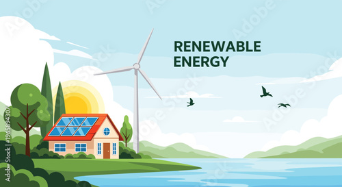 Rural landscape featuring a house with solar panels on the roof and a large wind turbine representing renewable energy and sustainable living.