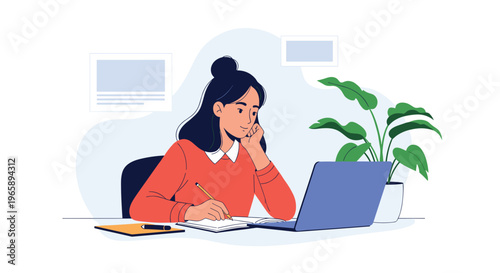 Young woman sitting at a desk and taking notes while watching a lesson on a laptop at home with a plant in the background for remote learning.