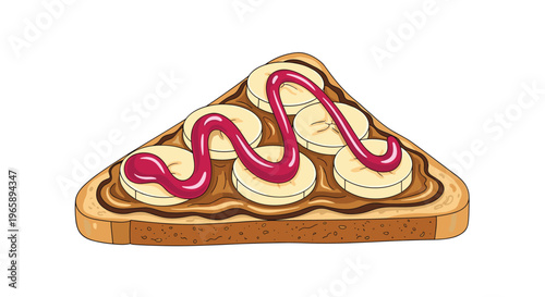 Healthy breakfast snack of a slice of whole grain toast topped with nut butter, banana slices, and a swirl of purple fruit jam or syrup.