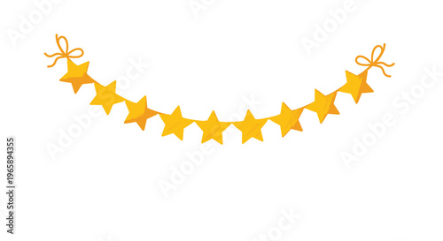 Decorative festive string of yellow stars tied with bows on both ends isolated on a white background for party, celebration, and nursery themes.