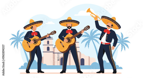 Group of three mariachi musicians in traditional black and gold costumes playing guitar and trumpet in front of a mexican mission and palm trees.