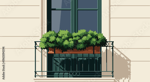 Close up view of a green window with a planter box full of lush green bushes and flowers on a classic building facade with shadows.