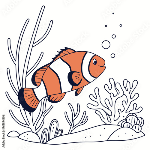 Cartoon clown fish swimming through underwater coral reef with bubbles line art coloring page for kids vector illustration isolated on white backdrop