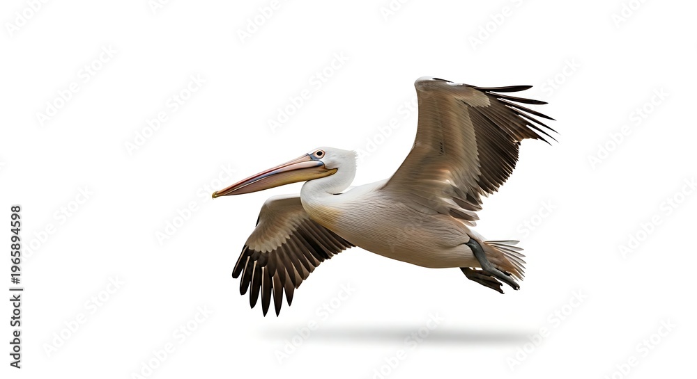 Fototapeta premium A large brown pelican with its distinctive pouch flying elegantly through the air with outstretched wings.