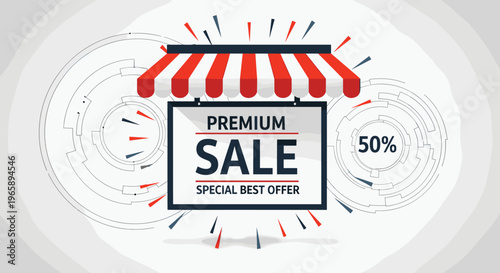 Premium sale banner featuring a red and white striped shop awning announces a special best offer with fifty percent discount on white background.