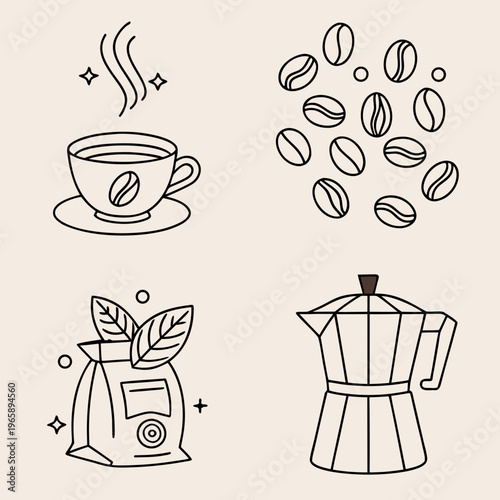 Set of coffee icons with cup beans bag and moka pot in minimalist line art style for cafe branding menu design and morning drink beverage concept