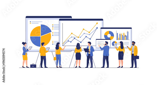 Business people discussing data charts graphs.