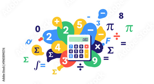Calculator with colorful math symbols around.