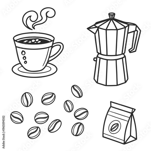 Hot coffee cup steam coffee beans and stovetop moka pot for beverage cafe and espresso preparation elements in line art style on white background