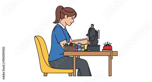 Woman sitting at desk with sewing machine.
