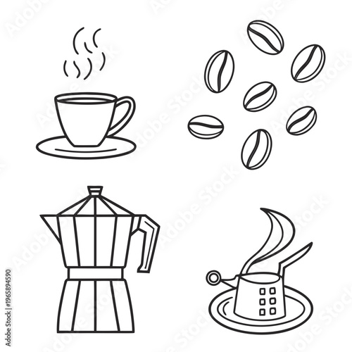 Elegant coffee set including cup moka pot beans and turkish cezve in linear style for specialty coffee lovers menu graphics and cafe advertisement