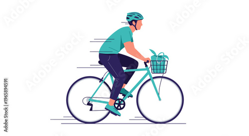 Man riding bicycle with basket.