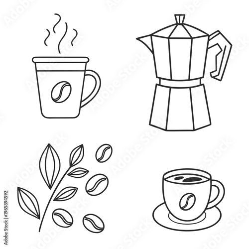 Modern coffee icons featuring different cup sizes moka pot and plant leaves in thin line art for healthy lifestyle blogs and coffee shop marketing