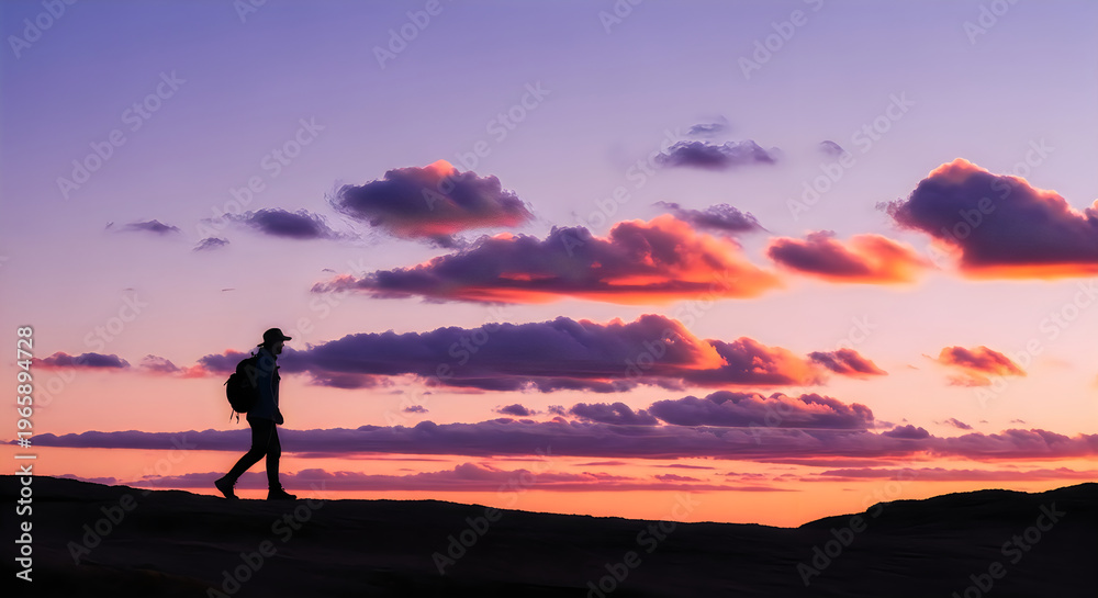 Fototapeta premium A lone person’s silhouette against a vibrant sunset sky, walking on a distant horizon, evokes peace and the grandeur of nature's evening display
