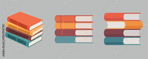 Stacked books in different orientations and colors Three stacks of books with colorful covers and