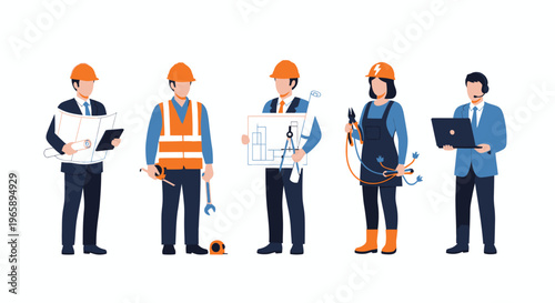 Five construction workers with hard hats.