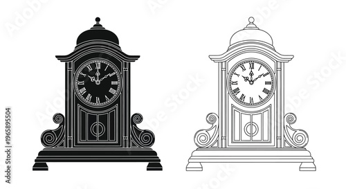 Two ornate mantel clocks in black and white line art