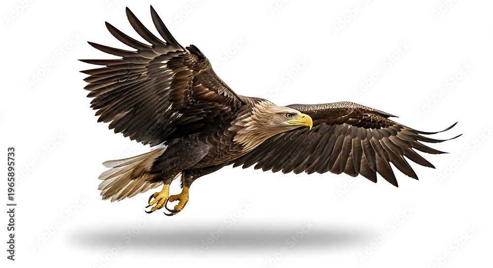 Obraz premium A magnificent bald eagle with striking golden eyes and powerful wings is captured flying on a pristine white background.
