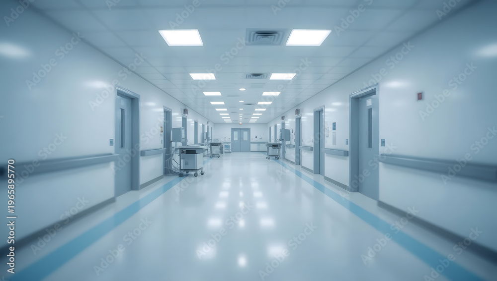 Obraz premium Empty hospital corridor with bright lights. Sterile clinic.