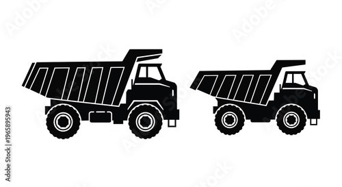 Two black silhouette dump trucks of differing sizes are displayed