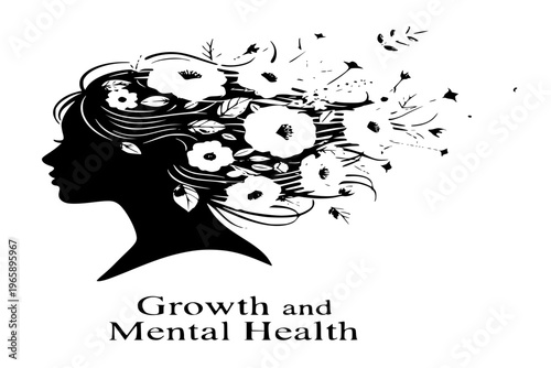 Woman Profile Flowers Hair Growth Mental Health Self Care Empowerment Black Vector Silhouette