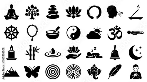 Collection of spiritual and wellness icons representing meditation yoga zen nature and balance for health and mindfulness concepts
