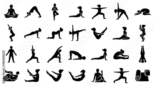 Collection of Diverse Yoga Poses Silhouettes Representing Health Fitness and Wellbeing