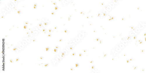 scattered array of golden confetti pieces falling against a stark white background and celebratory atmosphere. Perfect for adding a touch of sparkle and joy.	