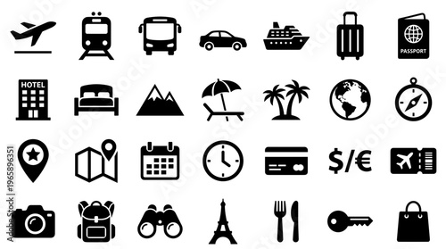 Collection of travel and vacation icons representing transportation accommodation activities and essentials for a journey
