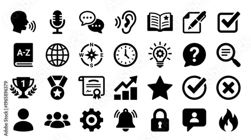 Collection of diverse icons representing communication learning business and success symbols isolated on white background