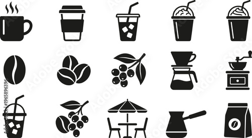 Coffee and Beverage Icon Set Featuring Cups, Beans, Brewing Equipment, Cafe Drinks, and Coffee Shop Elements for Menu Design and UI Use