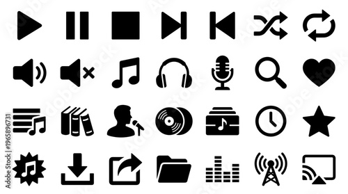 Collection of black media playback and audio icons representing music playback controls, sound settings, recording, and digital media management on a white background