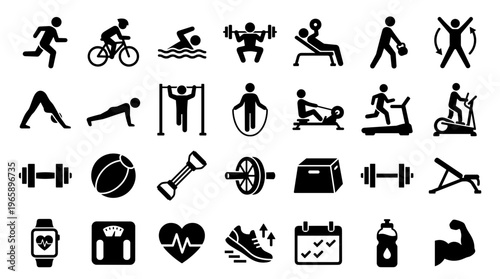Collection of fitness and sports icons representing various exercises and healthy lifestyle activities for wellness and training concepts