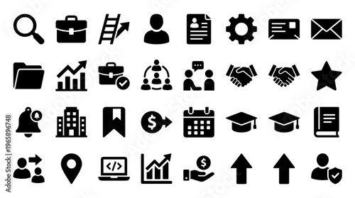 Collection of modern flat icons representing business concepts like strategy growth teamwork communication and success on a white background