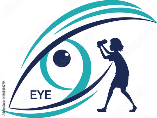 Creative eye logo design with girl silhouette taking photos using camera for photography and vision concept.