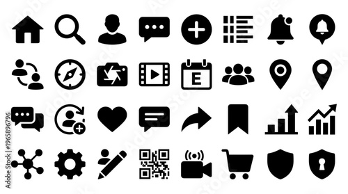 Collection of modern flat design icons representing communication technology business and lifestyle concepts isolated on white background