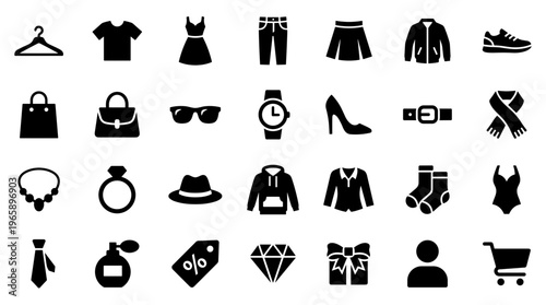 Fashion and clothing icons set representing various apparel accessories and items for shopping and style