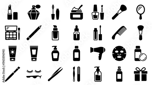 Collection of cosmetic and beauty product icons representing makeup skincare and personal care items for beauty industry and fashion concepts