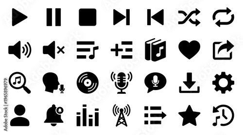 Collection of modern flat design icons for music and audio applications user interface elements and multimedia controls on white background