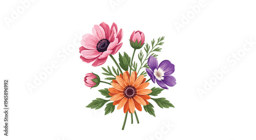 Vibrant bouquet of colorful flowers with pink, orange, and purple petals on green stems and leaves