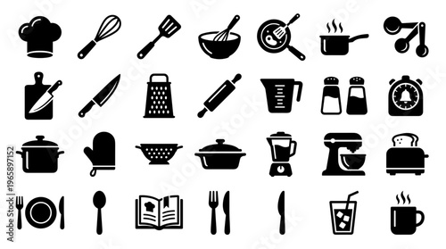 Collection of kitchen utensils and cooking equipment icons in black and white, representing culinary tools and food preparation.