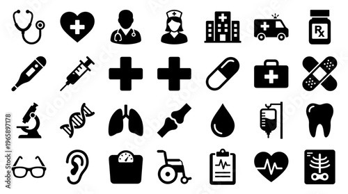 Collection of medical icons representing healthcare services, diagnostics, and patient care, symbolizing health and wellness.