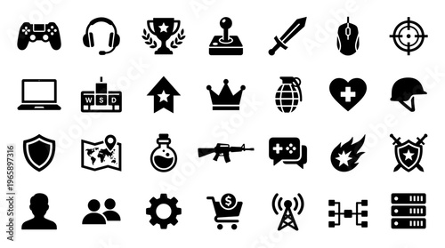 Collection of video game icons and symbols representing gaming culture technology entertainment and strategy elements
