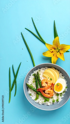 Delicious Bowl of Rice with Shrimp, Asparagus, and Egg.